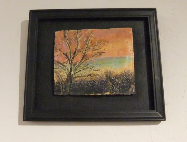 This small, Handmade, carved and glazed tile is the study for the large Winter Daybreak mosaic made in 2013. The small study was show in Aug-September group show at Middletown Art Center, Middletown, CA