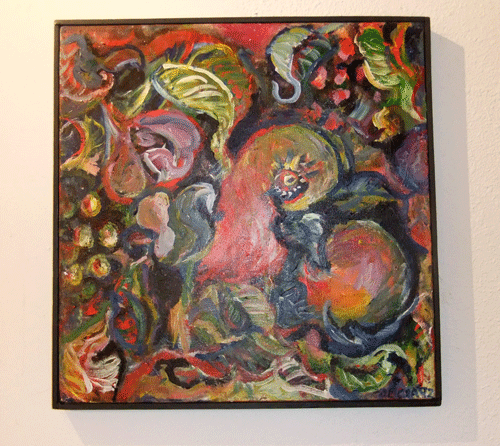 Acrylic painting of leaves, flowers, fruit and birdcalled Fecundity by Alicia Lee Farnsworth in 1992. This painting was framed in 2016 and displayed in the Animism gallery show in Middletown, CA.