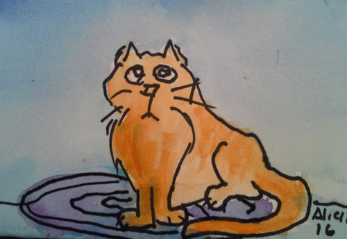 A 4.5" by 6.5" watercolor cartoon of an orange cat sitting on a rug.