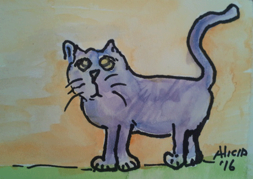 Cat watercolor cartoon  purple cat standing with tail up in the air