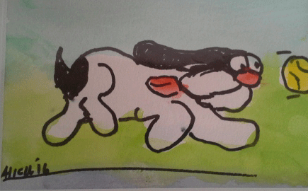 A 4.5 inch by 6.5inch watercolor cartoon of a Springer Spaniel chasing a ball